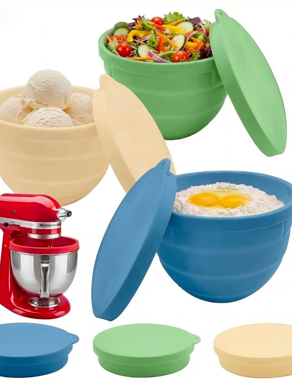 Silicone Bowl Liners with Lids for 5 Qt KitchenAid Stand Mixer Bowls, 3 Pack